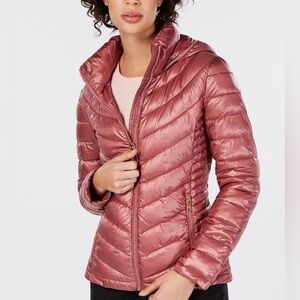 Calvin Klein PUFFER HOODED Down Packable JACKET COAT Metallic Rose M